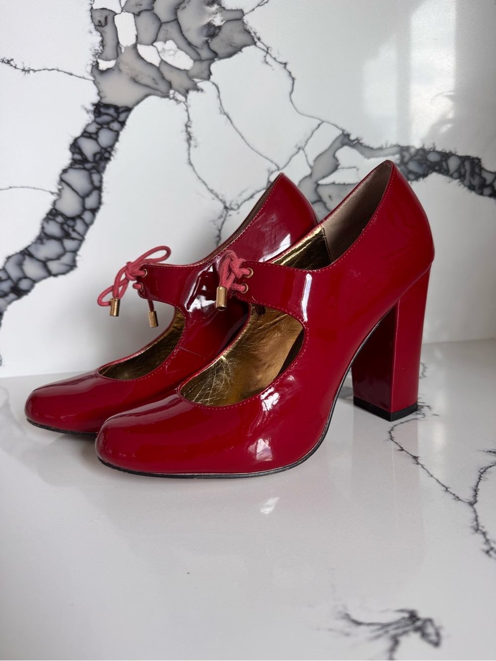 Red Patent Mary Jane Block Heel Pumps - Women